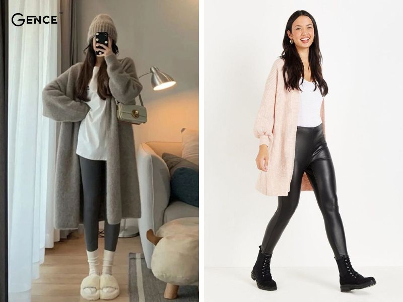 Quần legging kết hợp với cardigan dáng dài