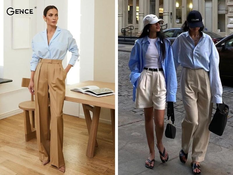 Quần nâu mix-match cùng áo xanh dương pastel sang chảnh