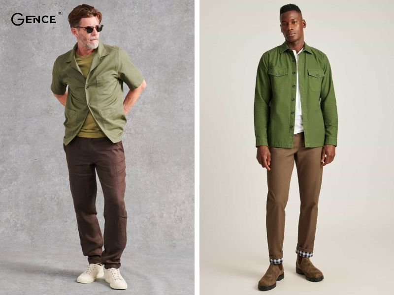 Xanh olive cùng quần nâu tạo ấn tượng mạnh mẽ