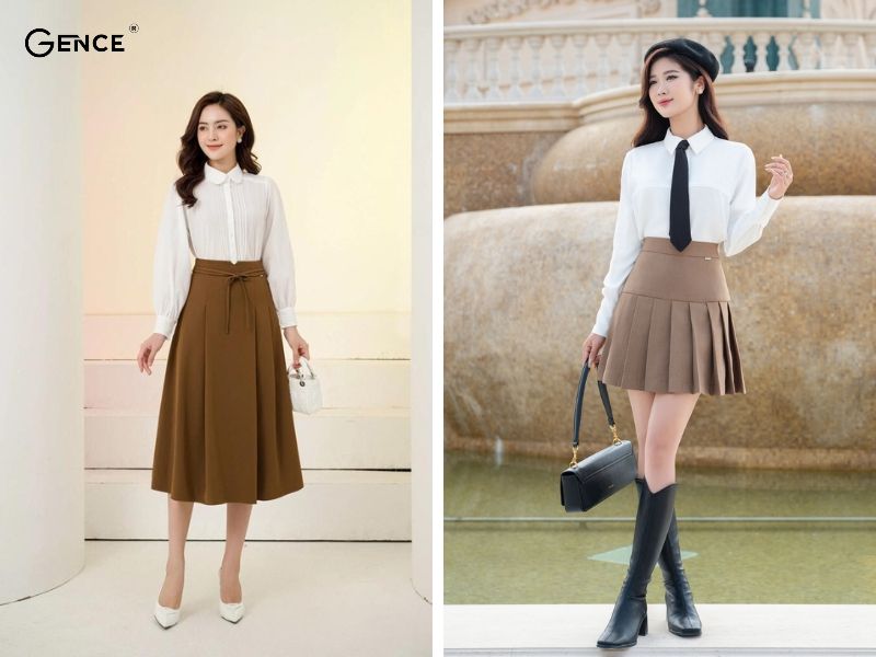 Váy nâu phối với áo trắng tinh tế và thanh lịch