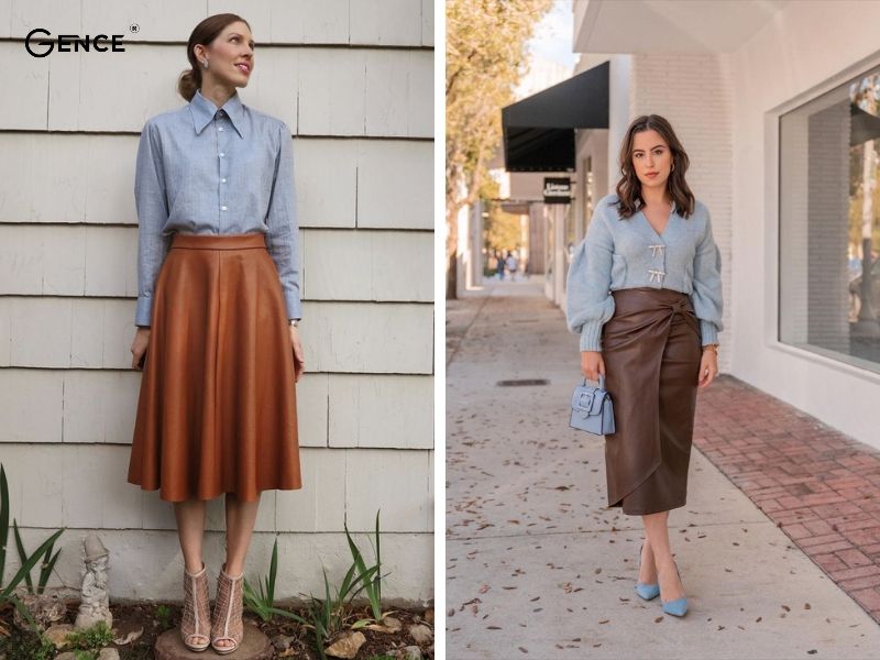 Chân váy nâu cà phê và áo xanh navy phù hợp với cô nàng công sở