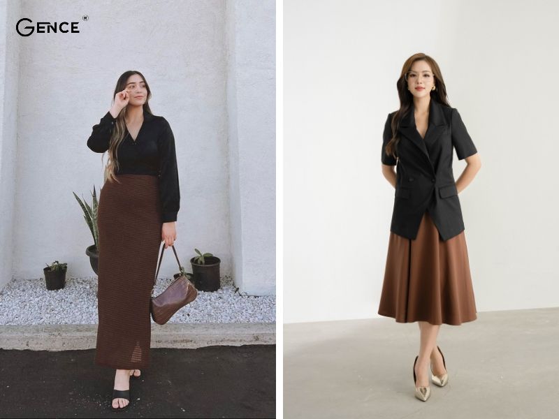 Mix-match áo đen với chân váy nâu đơn giản mà sang trọng