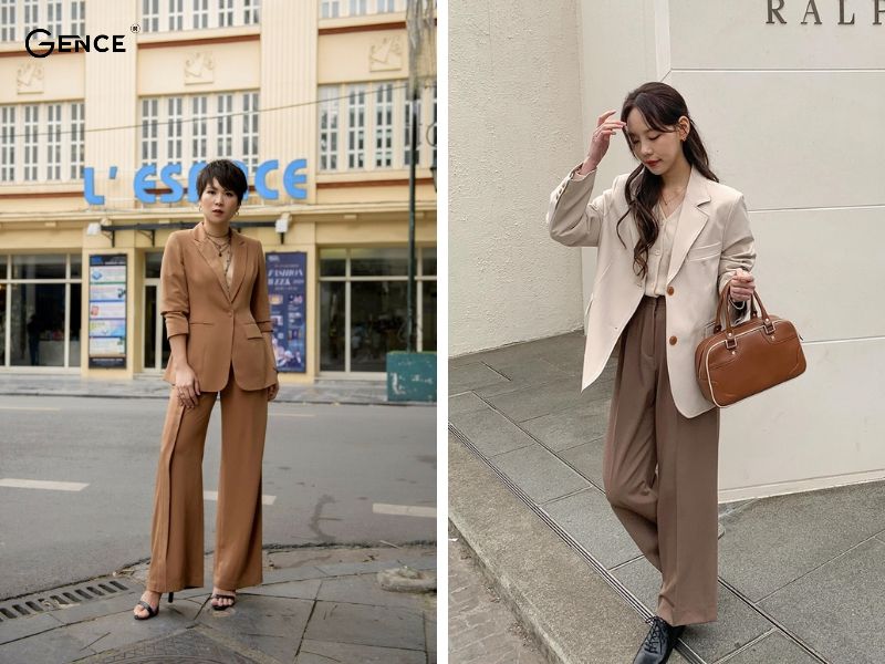 Blazer và quần nâu ống rộng mang đến sự trưởng thành
