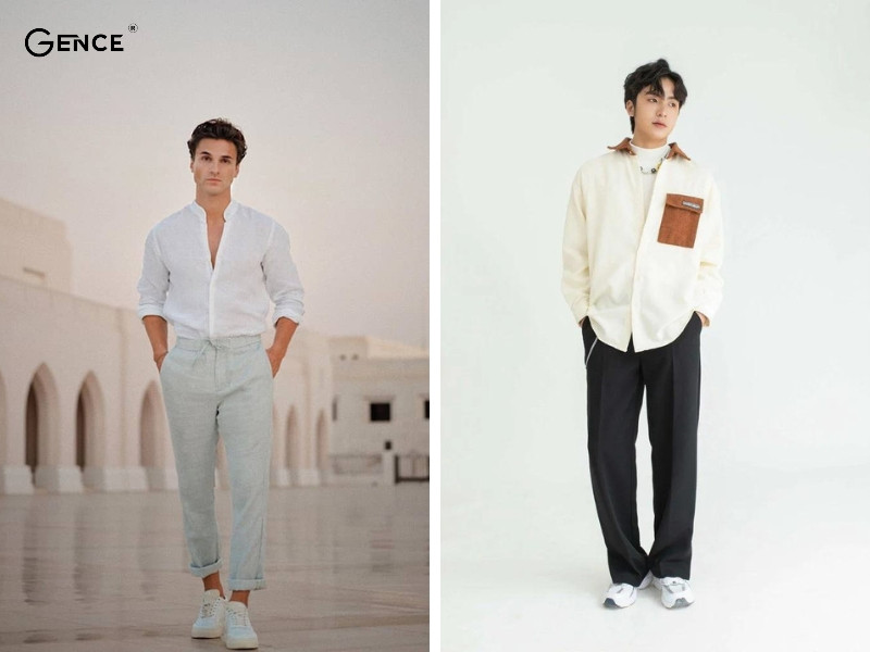 Style công sở với quần ống rộng phối áo sơ mi nam trắng