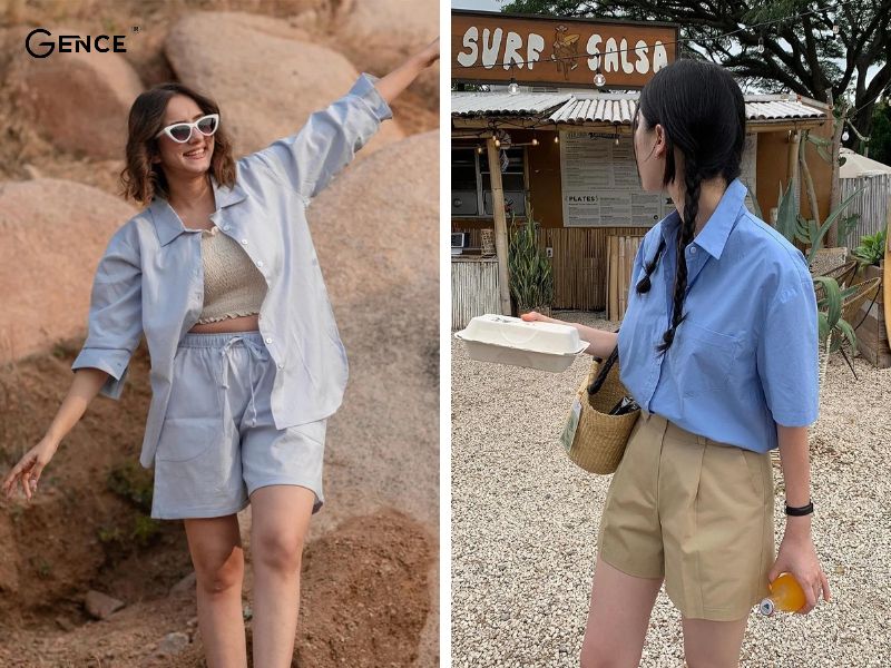 Quần short năng động kết hợp với sơ mi xanh dương nữ