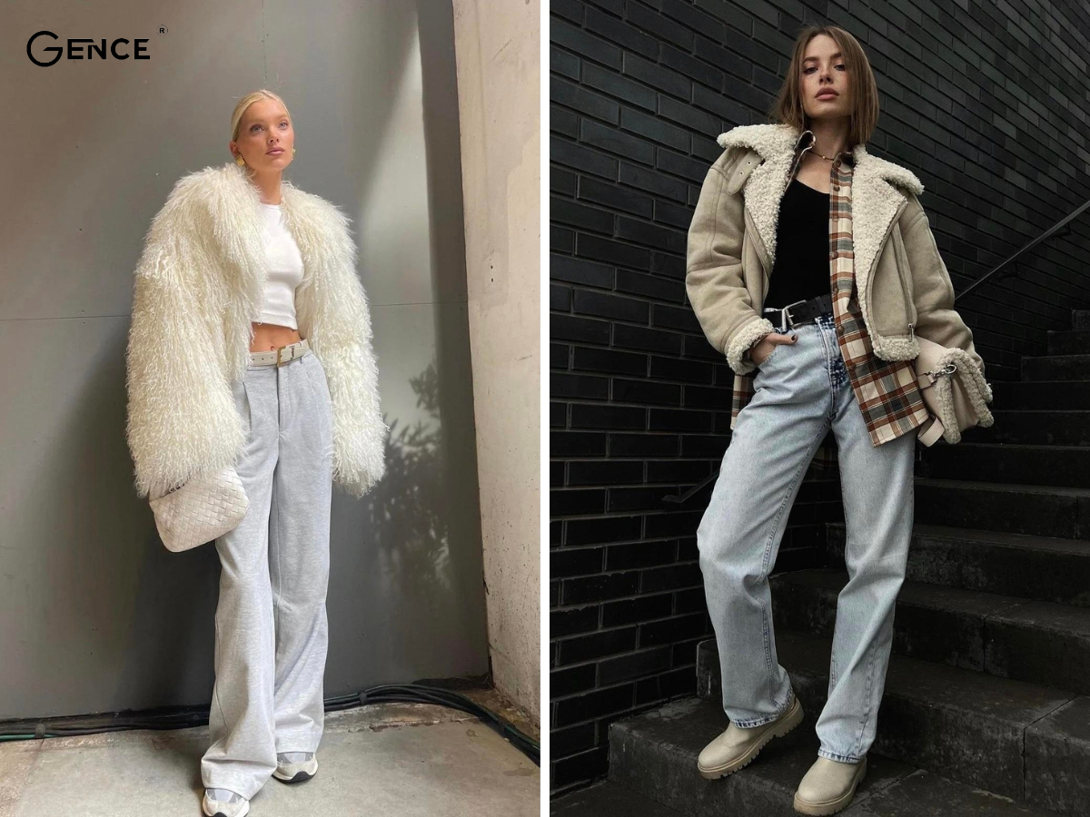 Set đồ đi chơi tết cho nữ với áo khoác lông cừu, quần jean