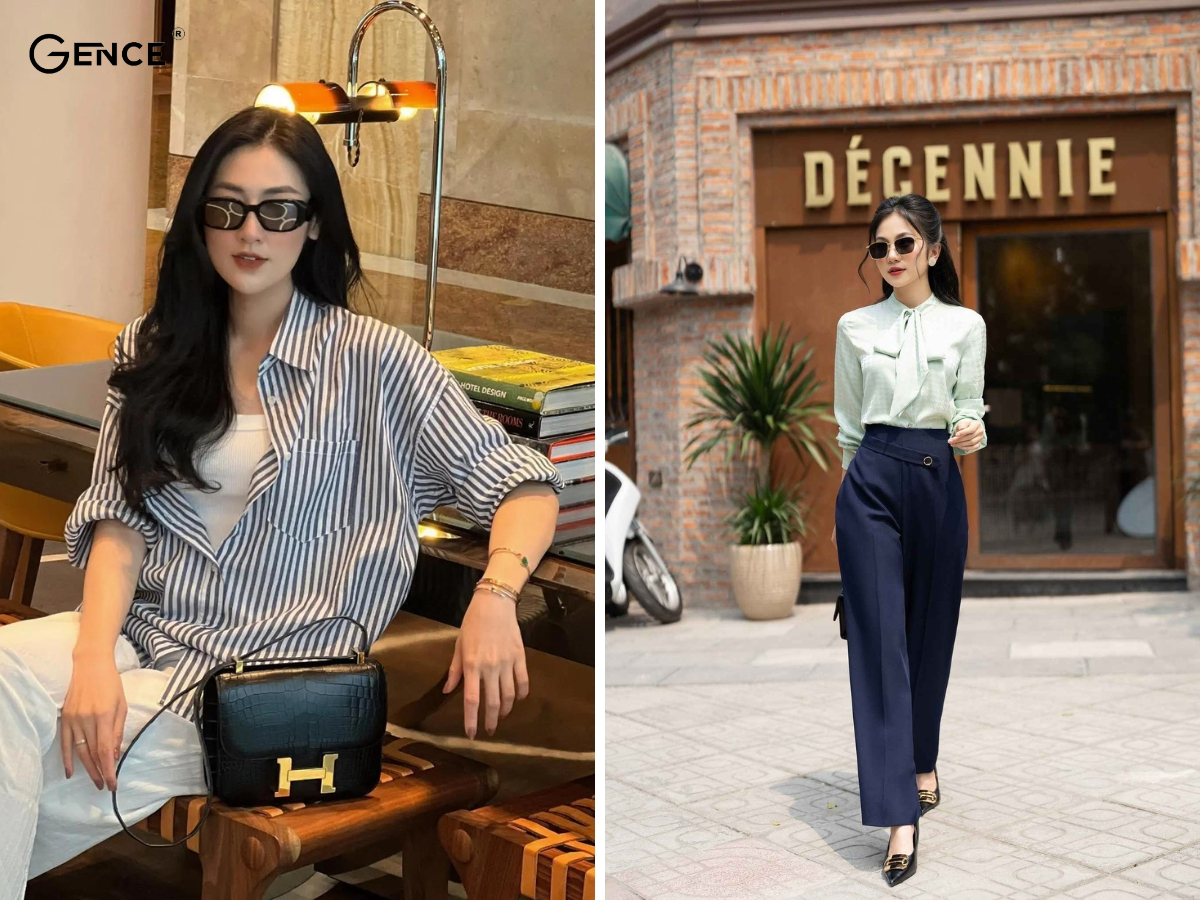 Set đồ nữ chơi Tết quần ống suông với áo sơ mi