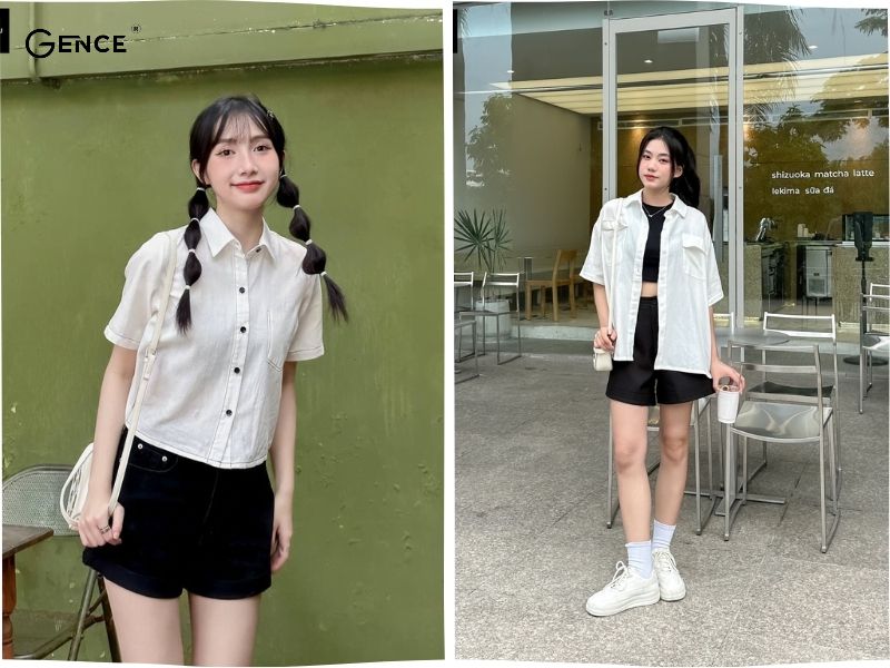 Style năng động áo sơ mi trắng và quần short