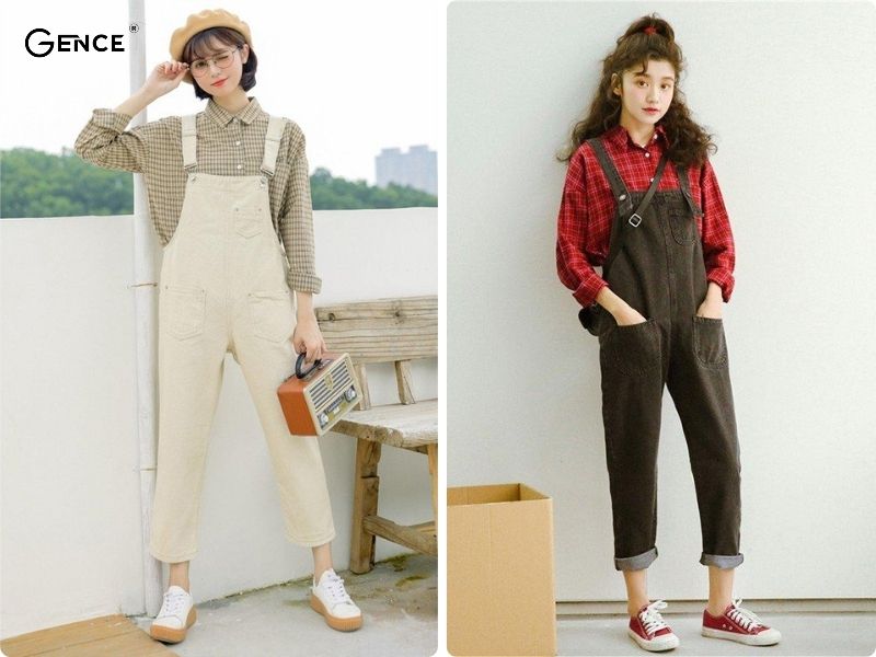 Thể hiện style dễ thương cùng áo sơ mi kẻ sọc và yếm quần