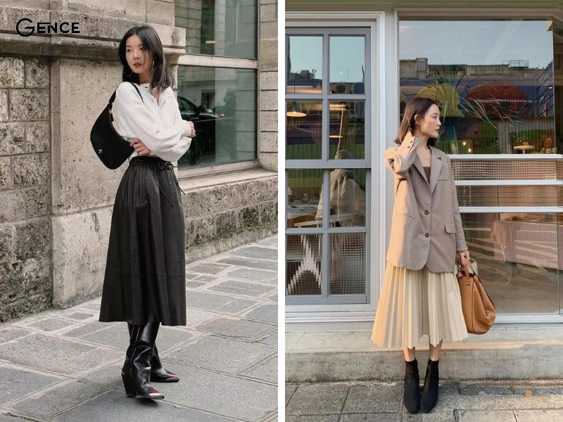 Trẻ trung khi mix match chân váy midi với áo thun