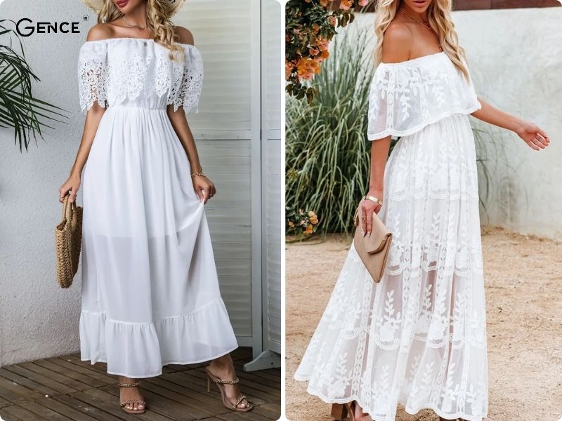 Đầm trễ vai ngực phối ren quyến rũ đi biển