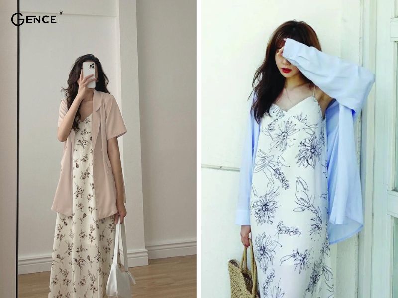 Váy maxi hai dây nữ tình cùng áo sơ mi oversize