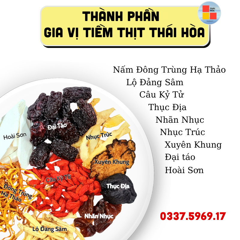 Gia Vị Tiềm Thịt Thái Hòa với thành phần từ các thảo dược nhiều dưỡng chất