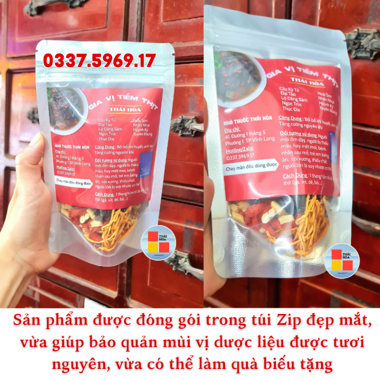 Gia Vị Tiềm Thịt Thái Hòa được đóng gói trong túi Zip đẹp mắt