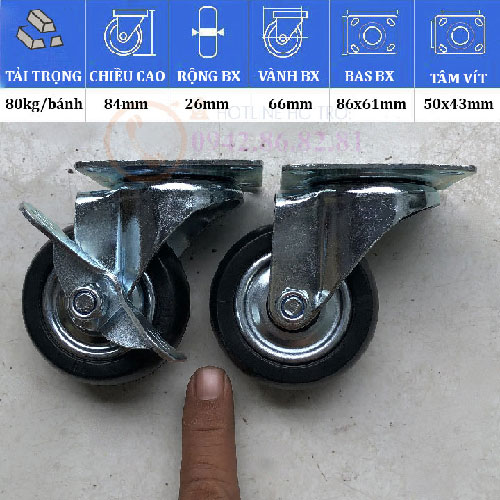 BÁNH XE CAO SU 2 VÒNG BI 50 ĐẾN 120mm