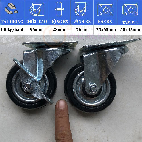 BÁNH XE CAO SU 2 VÒNG BI 50 ĐẾN 120mm