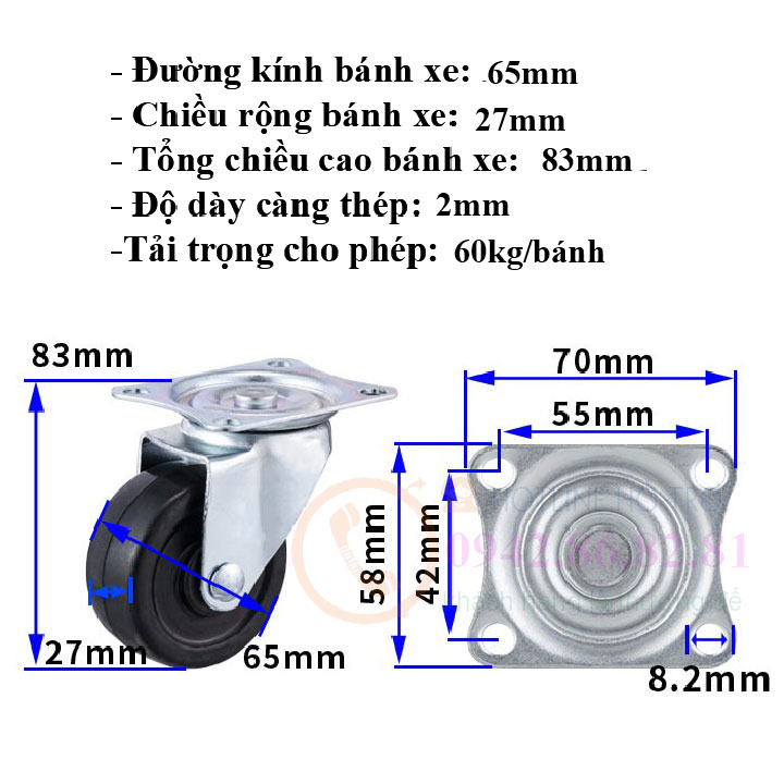 BÁNH XE CAO SU ĐẶC 40, 50, 65, 75mm