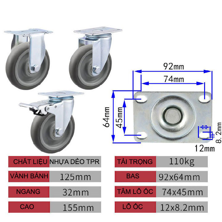 BÁNH XE CAO SU MỀM TPR XÁM 75, 100, 125mm
