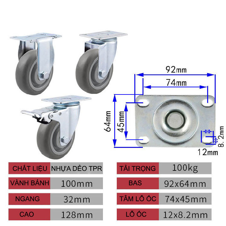 BÁNH XE CAO SU MỀM TPR XÁM 75, 100, 125mm