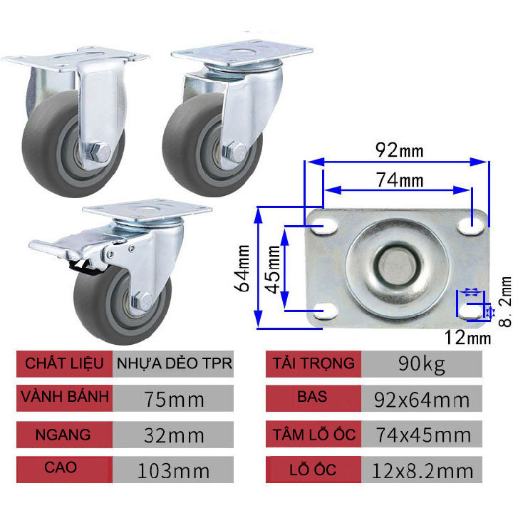 BÁNH XE CAO SU MỀM TPR XÁM 75, 100, 125mm