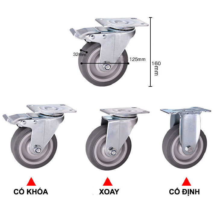 BÁNH XE CAO SU MỀM TPR XÁM 75, 100, 125mm