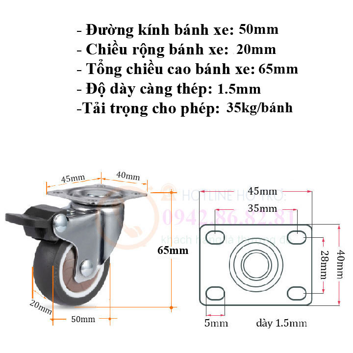 BÁNH XE ĐẨY BẰNG NHỰA DẺO TPR D=50mm