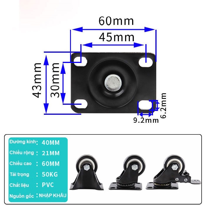 BÁNH XE ĐẨY BẰNG NHỰA PVC 40, 50, 65, 75mm
