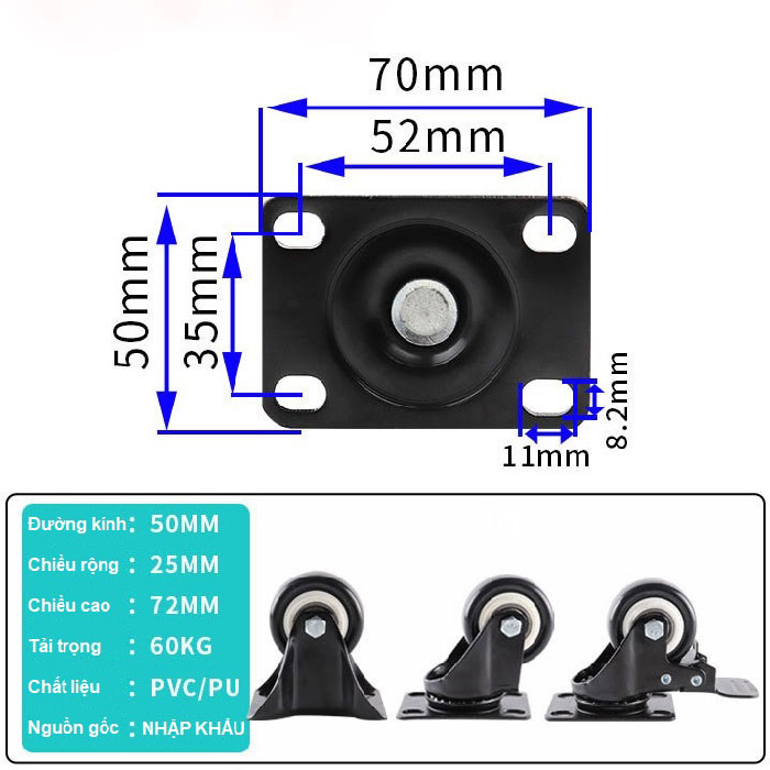 BÁNH XE ĐẨY BẰNG NHỰA PVC 40, 50, 65, 75mm