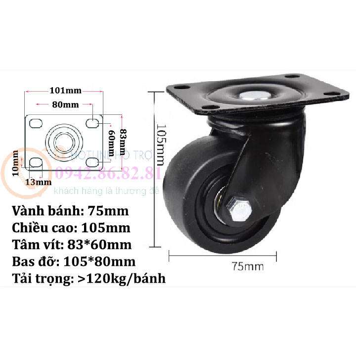 BÁNH XE ĐẨY HÀNG SIÊU TẢI 65 ĐẾN 75mm