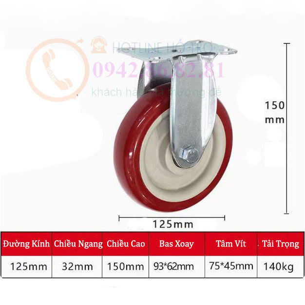 BÁNH XE NHỰA PU ĐỎ MẬN 65, 75, 100, 125mm