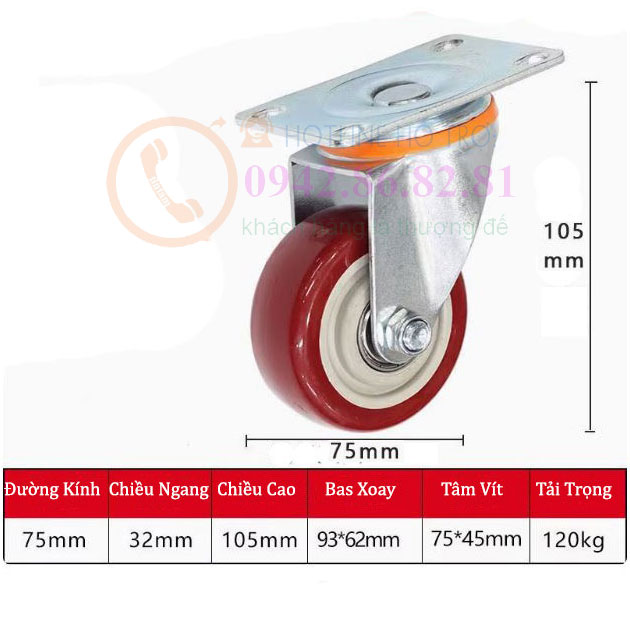 BÁNH XE NHỰA PU ĐỎ MẬN 65, 75, 100, 125mm