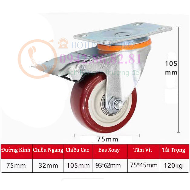BÁNH XE NHỰA PU ĐỎ MẬN 65, 75, 100, 125mm