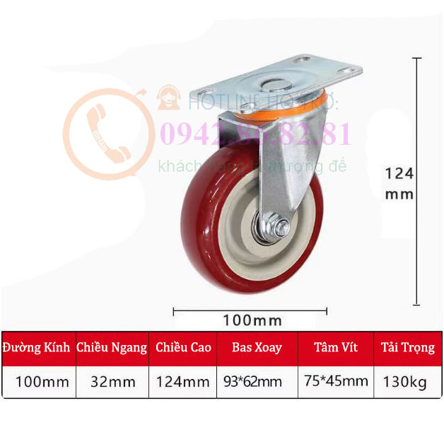 BÁNH XE NHỰA PU ĐỎ MẬN 65, 75, 100, 125mm