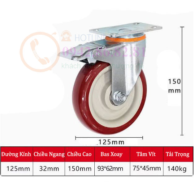 BÁNH XE NHỰA PU ĐỎ MẬN 65, 75, 100, 125mm