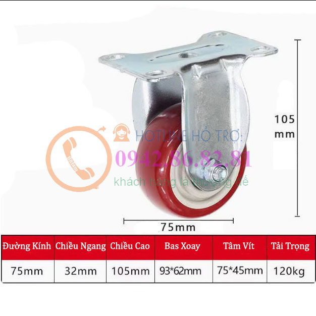 BÁNH XE NHỰA PU ĐỎ MẬN 65, 75, 100, 125mm