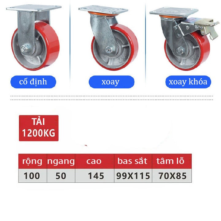BÁNH XE PU VÀNH GANG SIÊU TẢI 100, 125, 150, 200mm