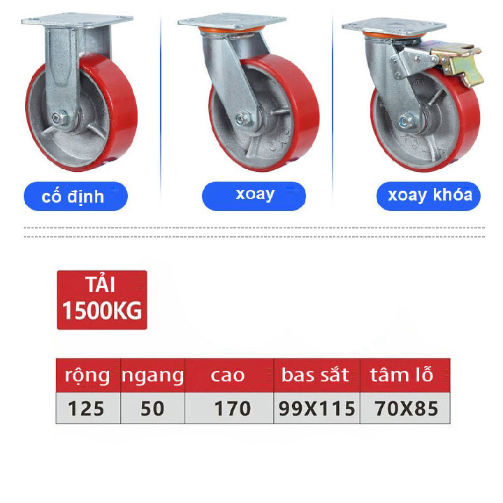 BÁNH XE PU VÀNH GANG SIÊU TẢI 100, 125, 150, 200mm