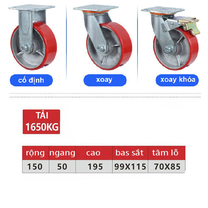 BÁNH XE PU VÀNH GANG SIÊU TẢI 100, 125, 150, 200mm