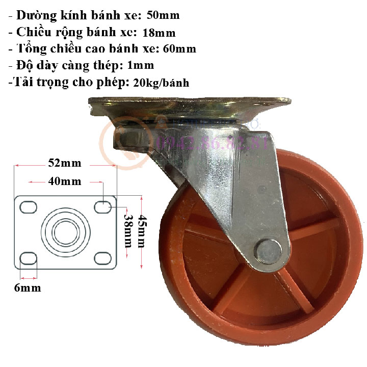 BÁNH XE TỦ GỖ 50, 60, 70mm