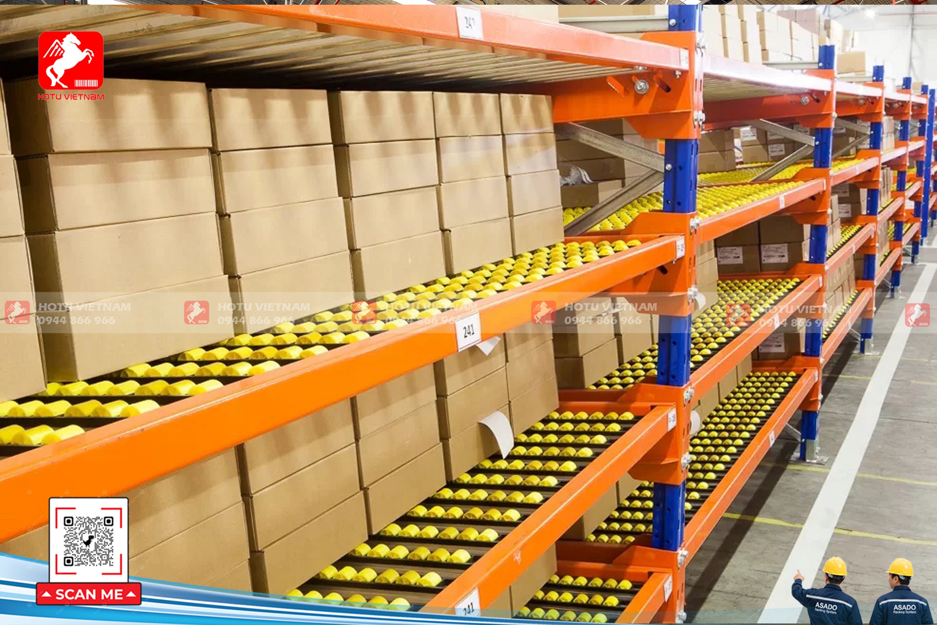 Kệ trung tải con lăn Carton Flow tải trọng 100-500kg tầng