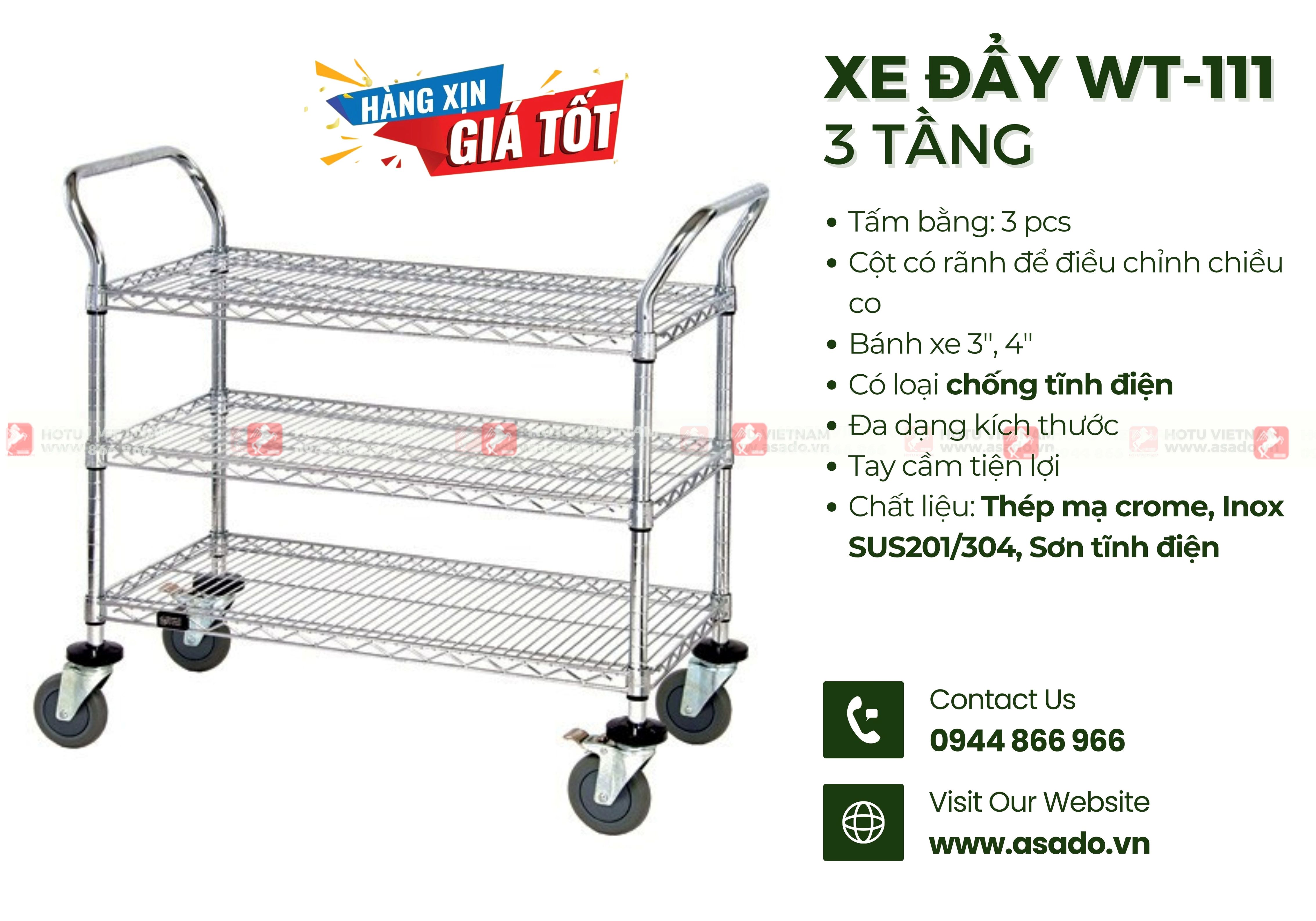 Xe đẩy lưới 3 tầng có tay cầm WT-111
