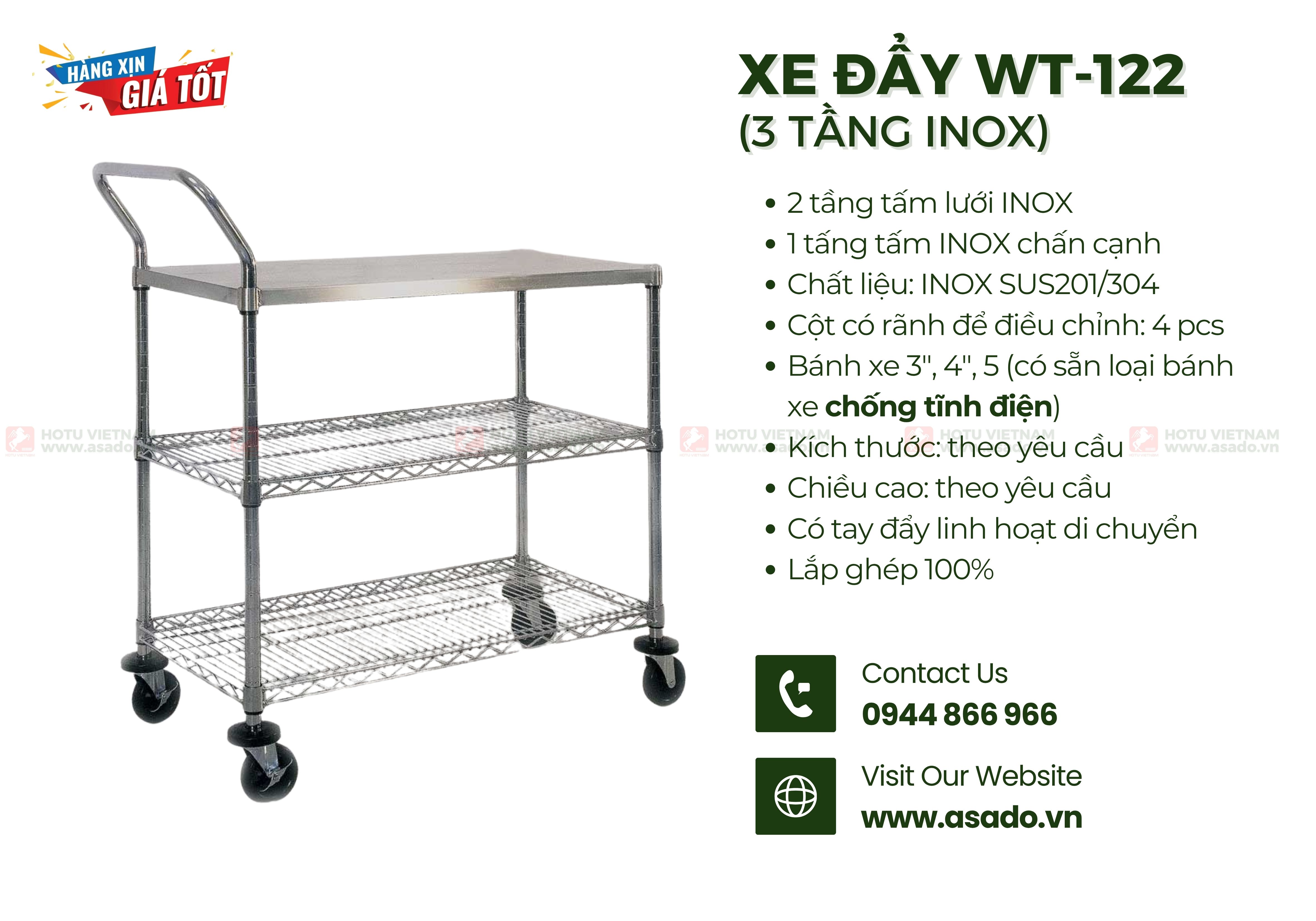 Xe đẩy INOX SUS201/304 lắp ghép WT-122