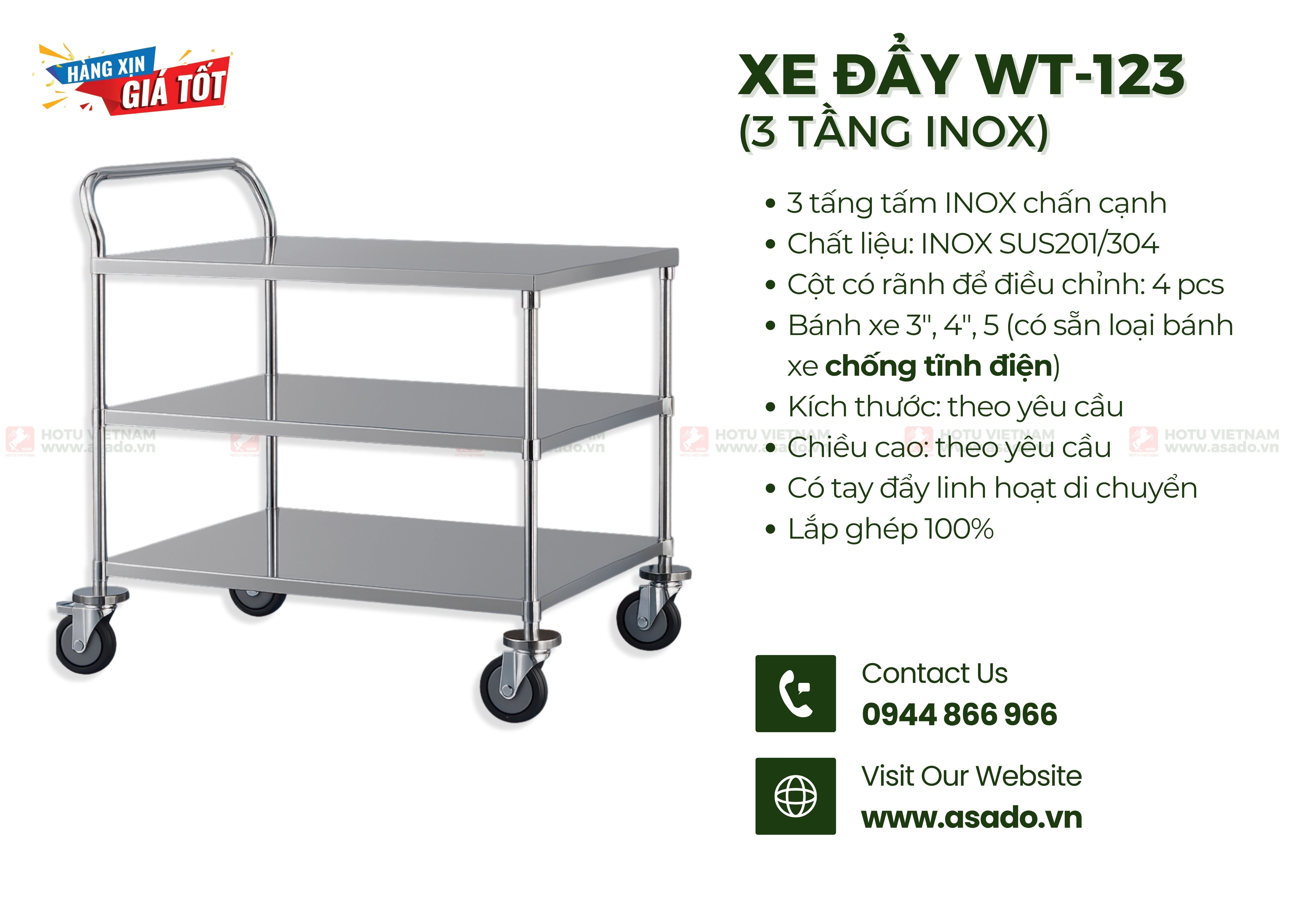 Xe đẩy INOX SUS201/304 lắp ghép WT-123