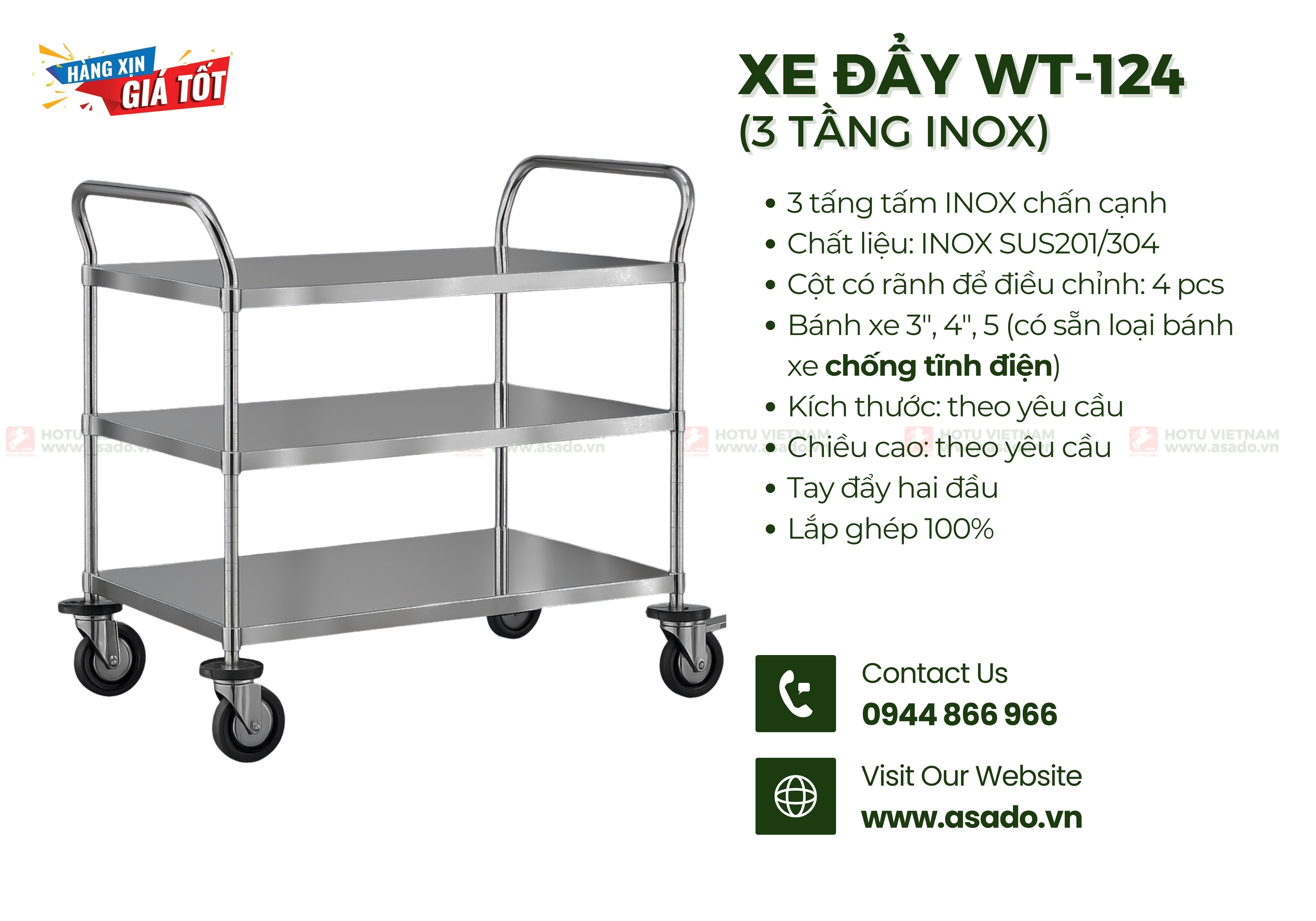 Xe đẩy INOX SUS201/304 lắp ghép WT-124