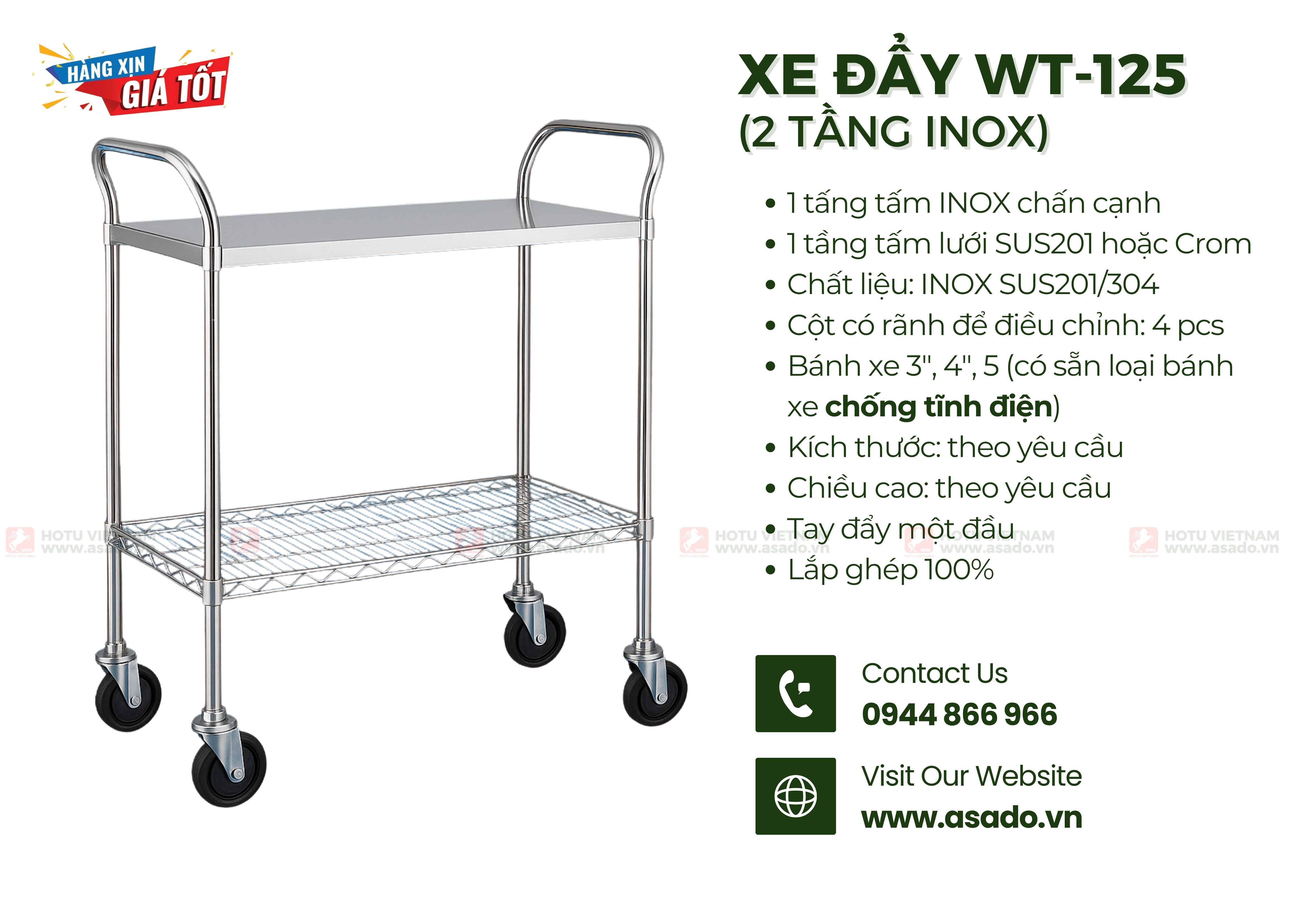 Xe đẩy INOX SUS201/304 lắp ghép WT-125