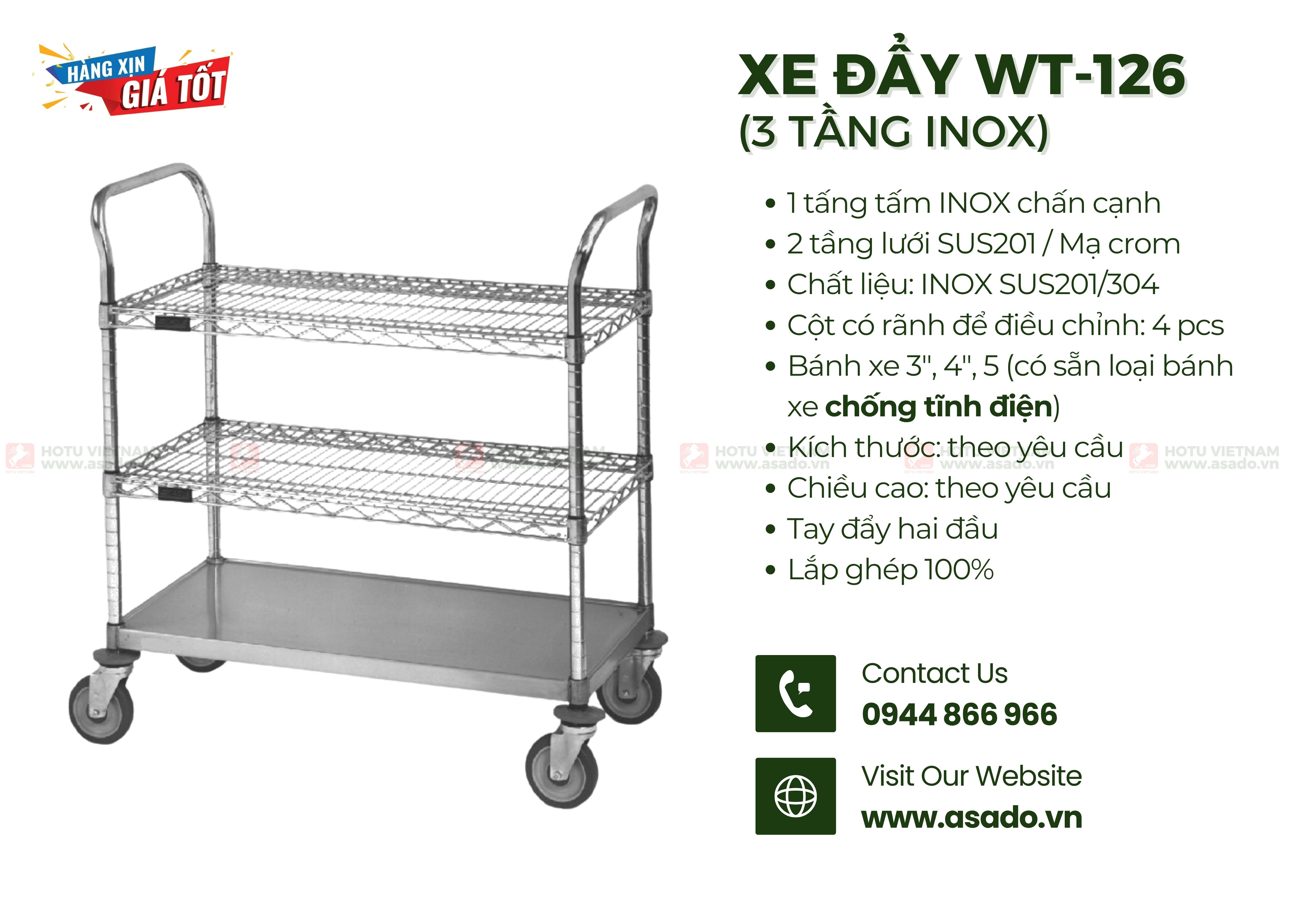 Xe đẩy INOX SUS201/304 lắp ghép WT-126