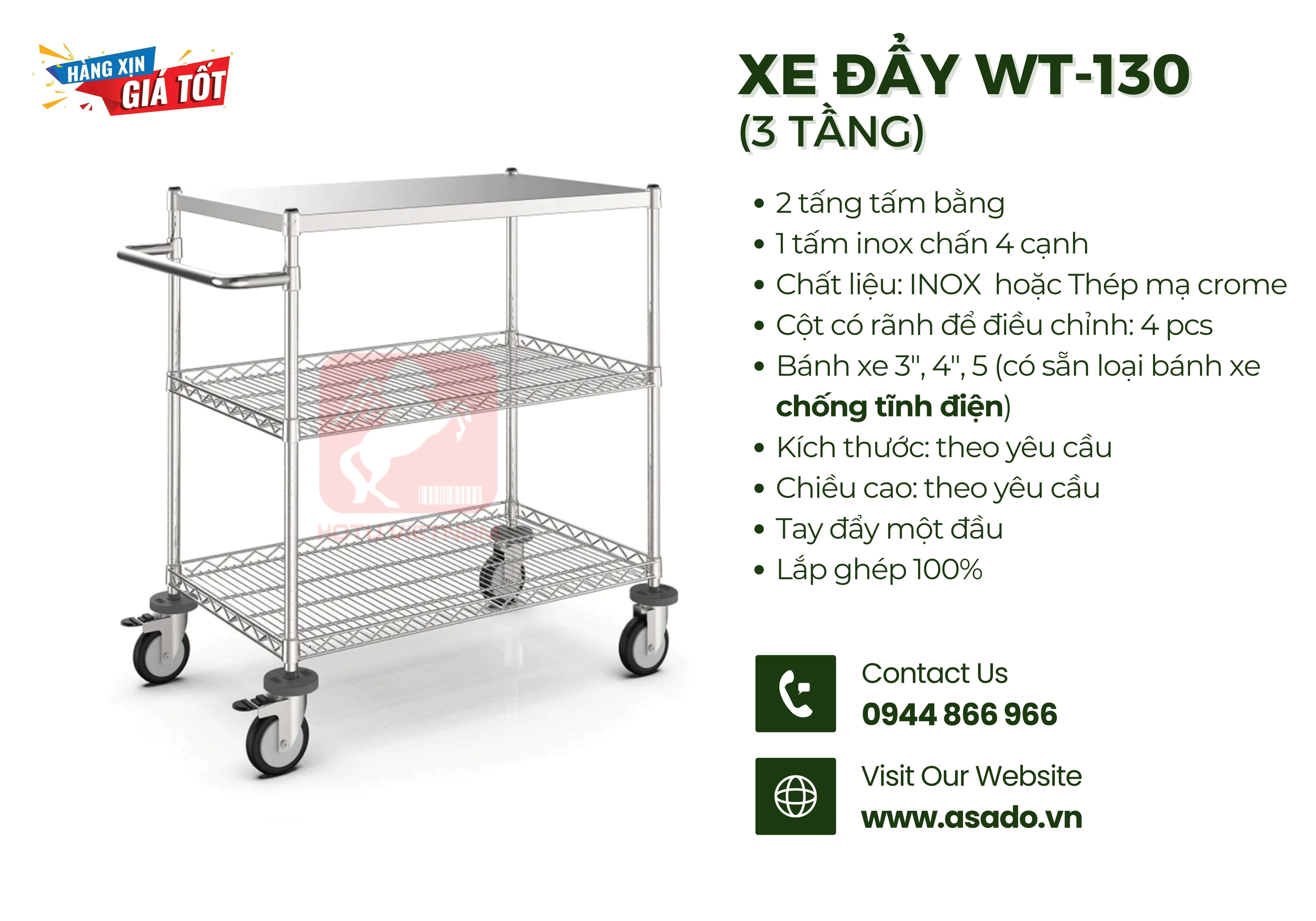 Xe đẩy lưới 3 tầng lắp ghép WT-130