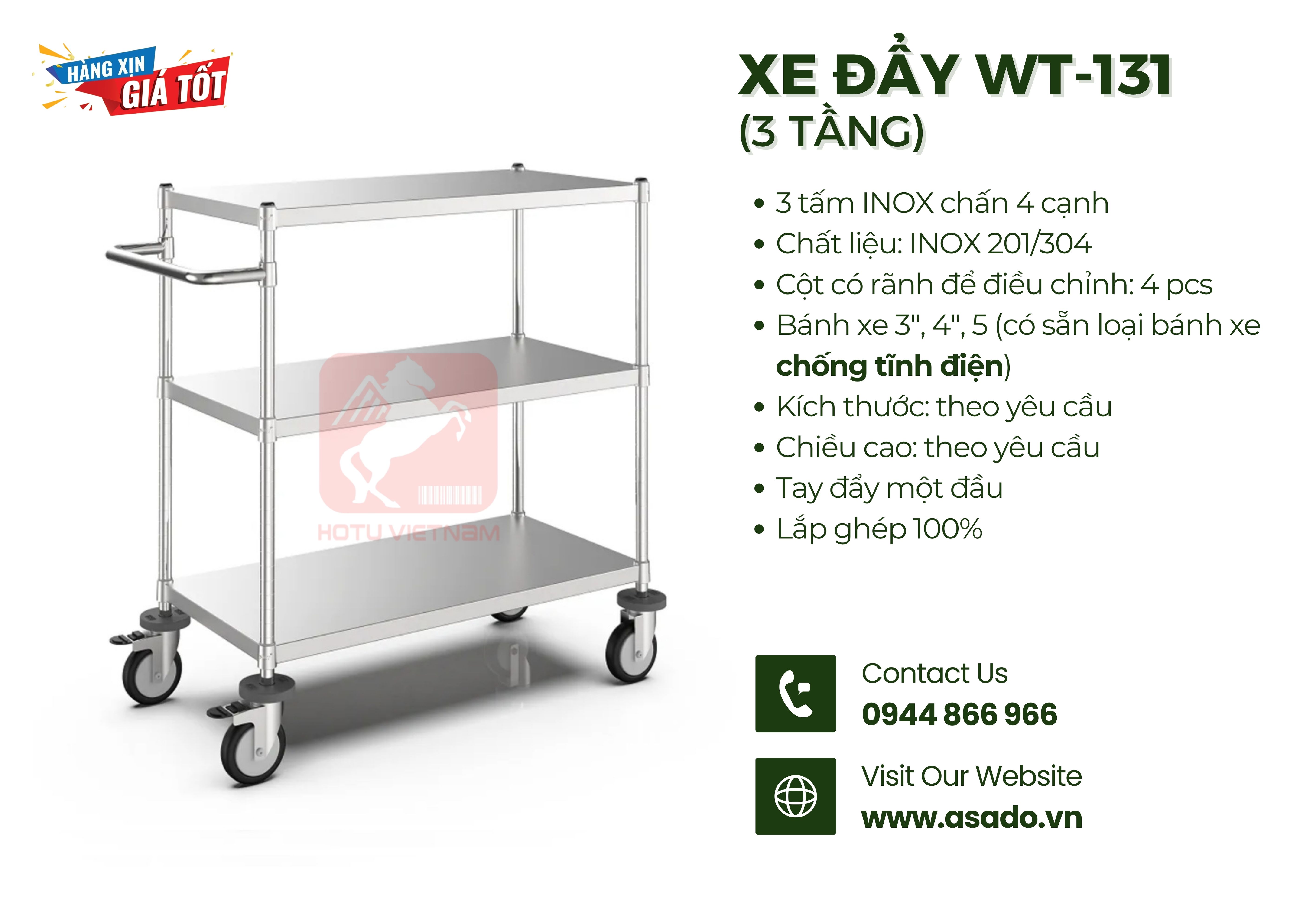 Xe đẩy lưới INOX 3 tầng lắp ghép WT-131