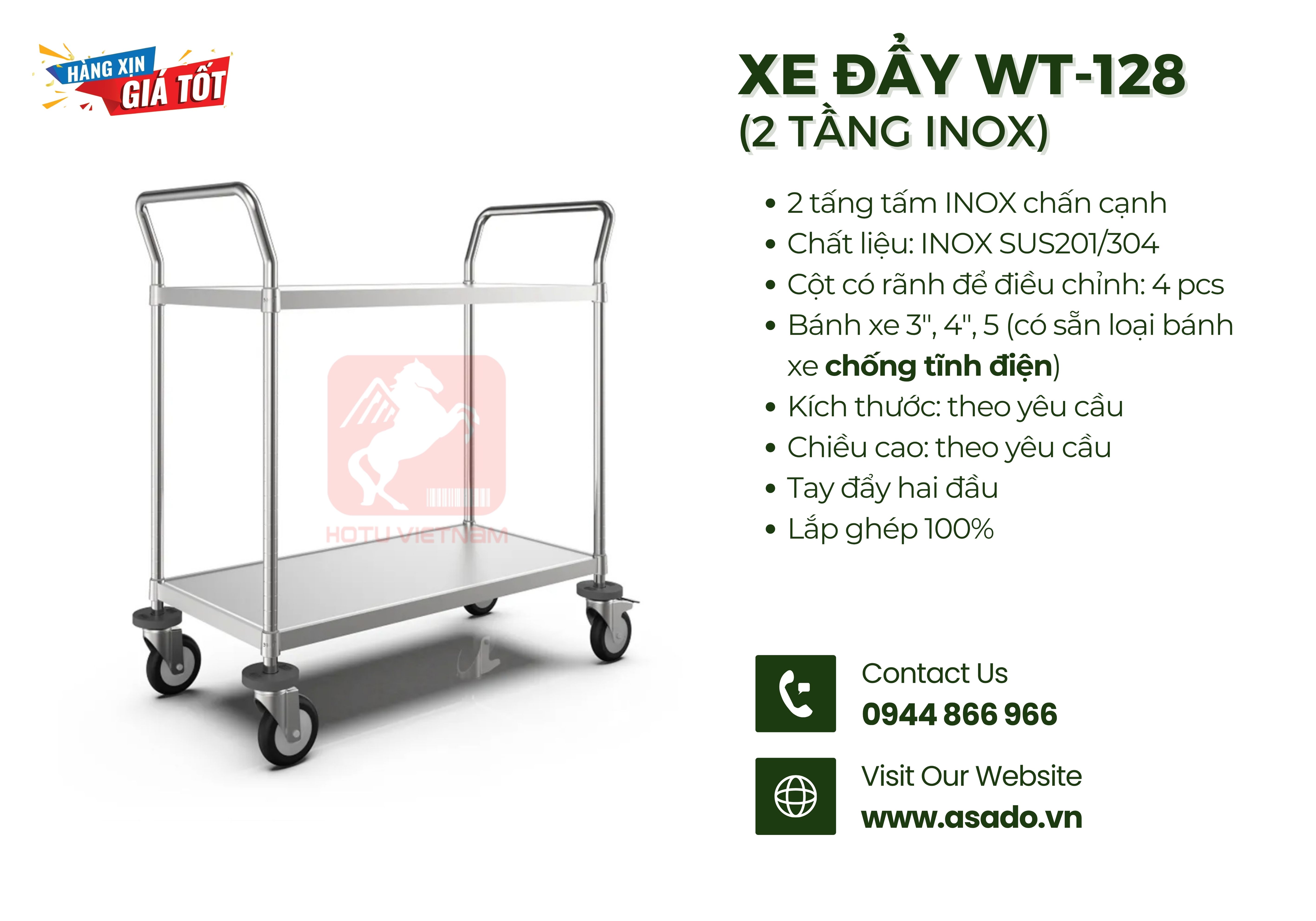 Xe đẩy INOX SUS201/304 lắp ghép WT-128