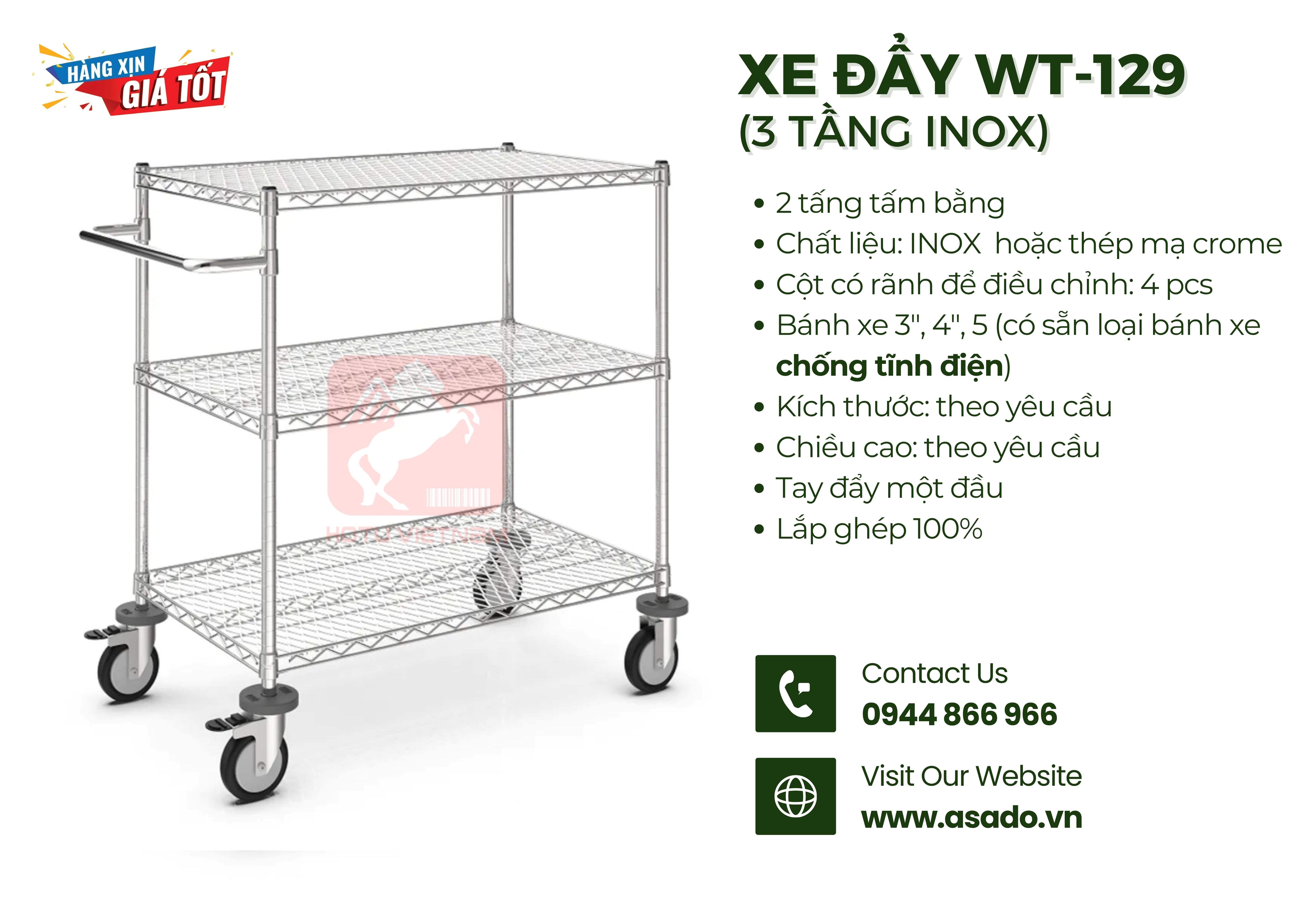 Xe đẩy lưới 3 tầng lắp ghép WT-129